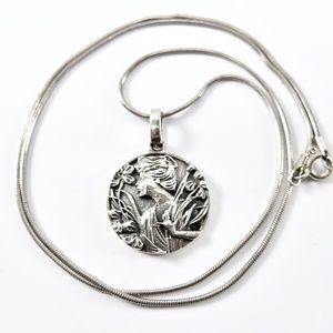 Art Nouveau Sterling Lady Head Pendant Necklace